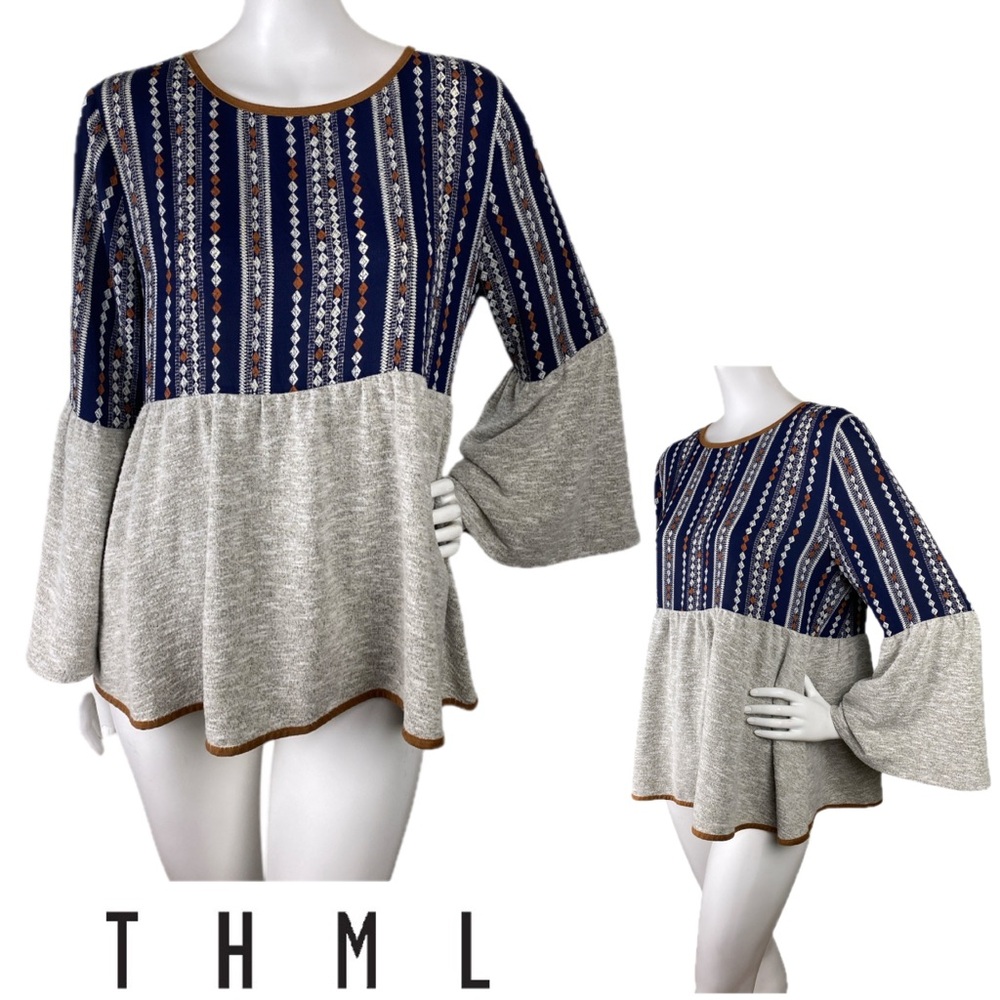 THML Anthropologie Boho Sweater Blouse Bell Long Sleeves Multicolor Size Medium
